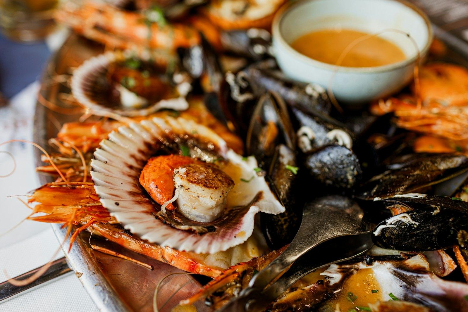Grand plateau de fruits de mer : coquilles Saint-Jacques, moules, crevettes et langoustines